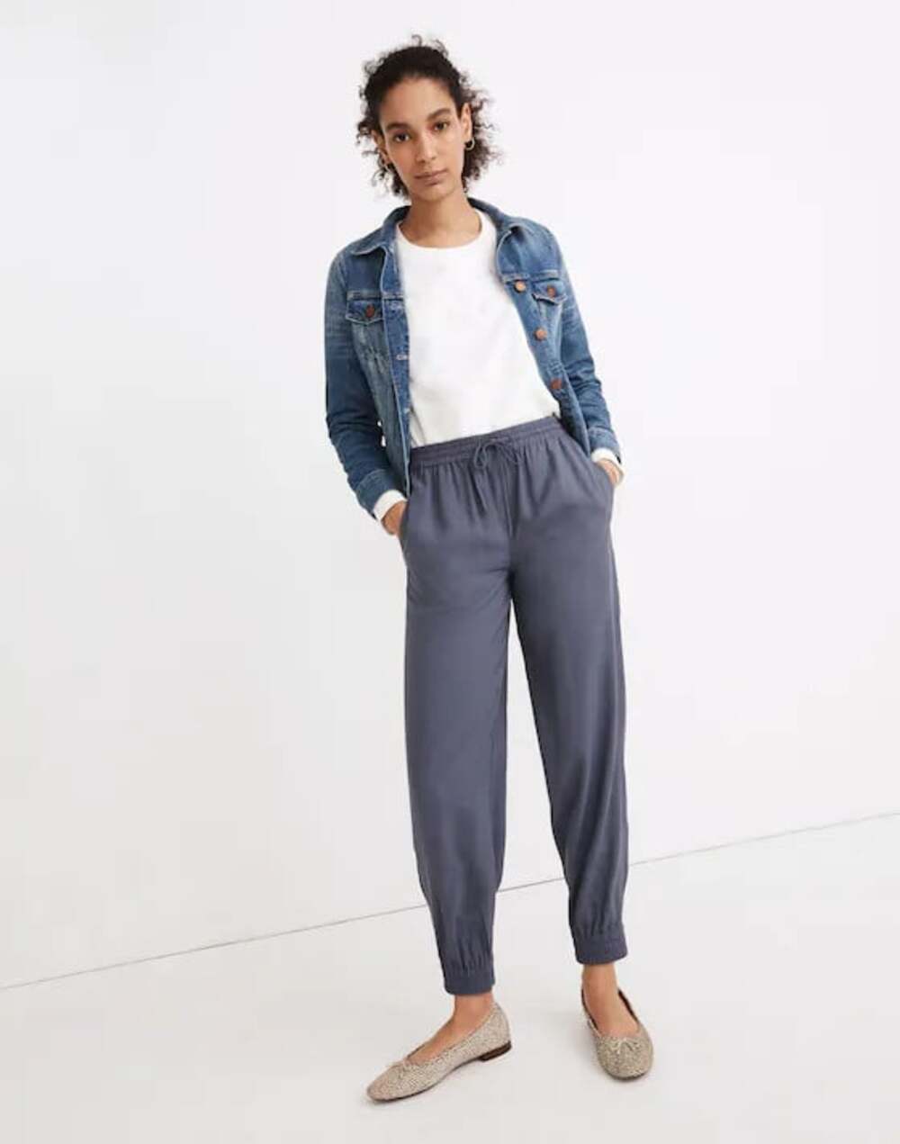 Madewell Women M Drawstring Track Trousers Pant Slate Blue Pull On Stretch Waist